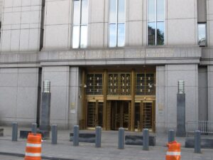 Entrance of the Daniel Patrick Moynihan United States Courthouse at 500 Pearl Street in Manhattan, home of the federal court for the Southern District of New York